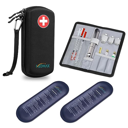 MEDMAX Hard Shell Insulin Cooler Travel Case with 2 Ice Pack Shock Absorption Insulated Diabetic Medication Organizer Carrying Bag with Extra Pouch for Insulin Pen and Other Diabetic Supplies Black